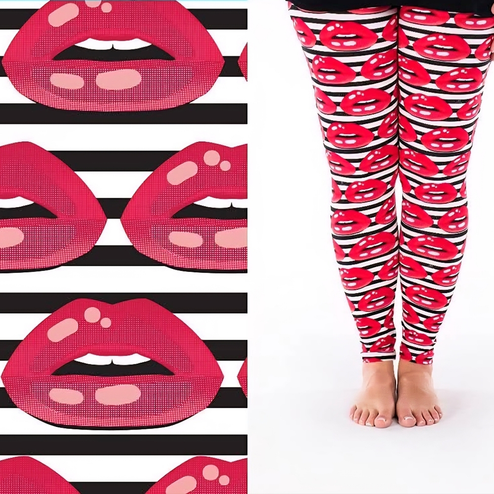 SweetLegs Plus Diva Leggings Red Lips Black White Stripe NEW in Package